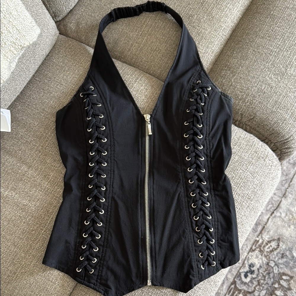 Black Halter Top with Lace-Up Sides